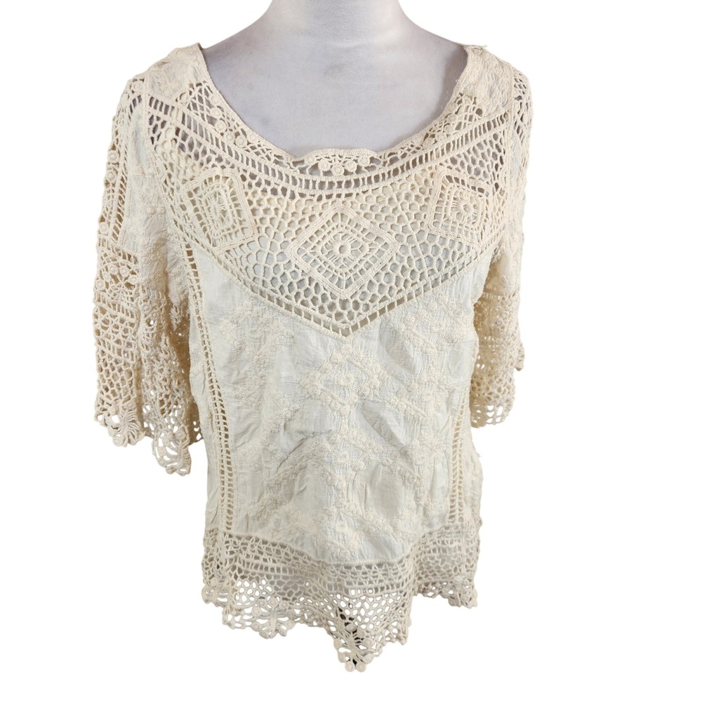 Democracy Womens Medium Cream Ivory Crochet Lace Boho Top Short Sleeve Blouse